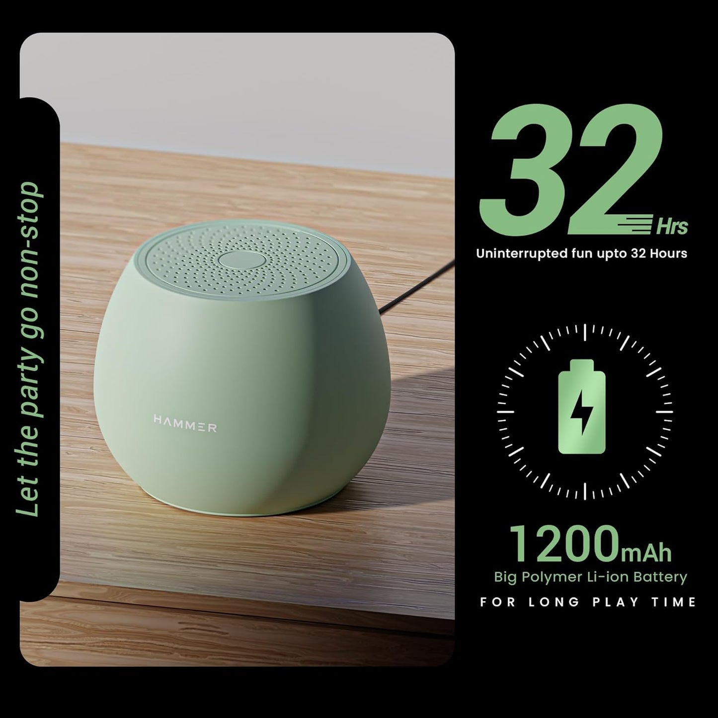 Hammer Drop Bluetooth Speaker With Mic, 5W, 32 Hrs Playtime (Green) 1.0 unit