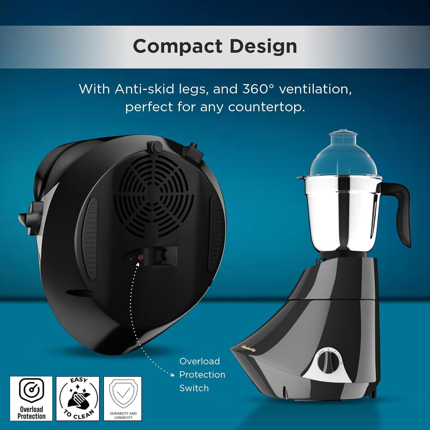 Butterfly Smart Mixer Grinder, 4 Jars, 750W, Stainless Steel (Silver & Black) 1.0 unit