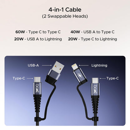 boAt FlexiCharge 400 Cable With 4-in-1 Connectivity & 60With3A PD Fast Charging-Carbon Black 1.0 pack