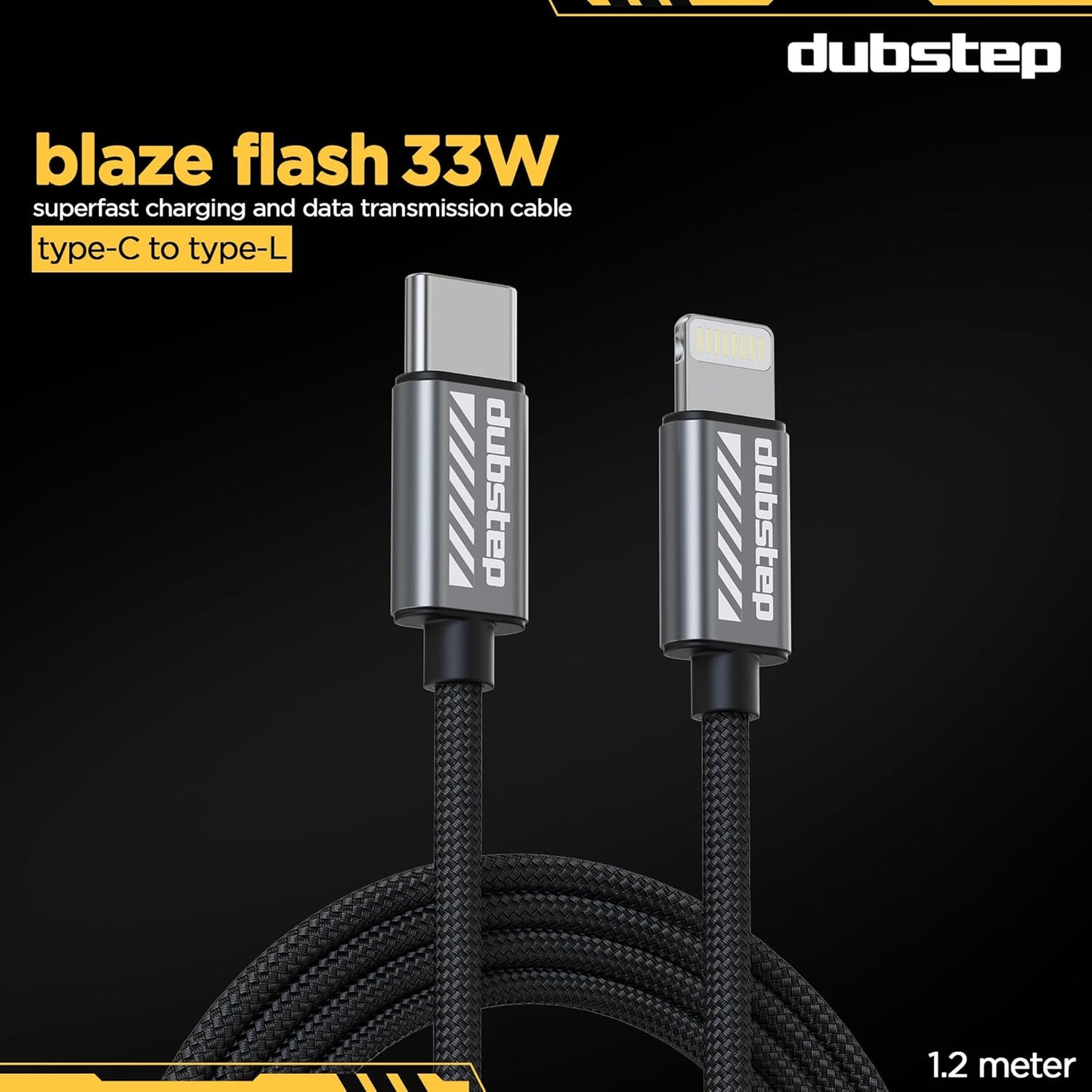 Dubstep Blaze Flash Fast Charging 1.25 m Type C To Lightning Charging Cable, 33 Watts 480 Mbps (Grey) 1.0 unit