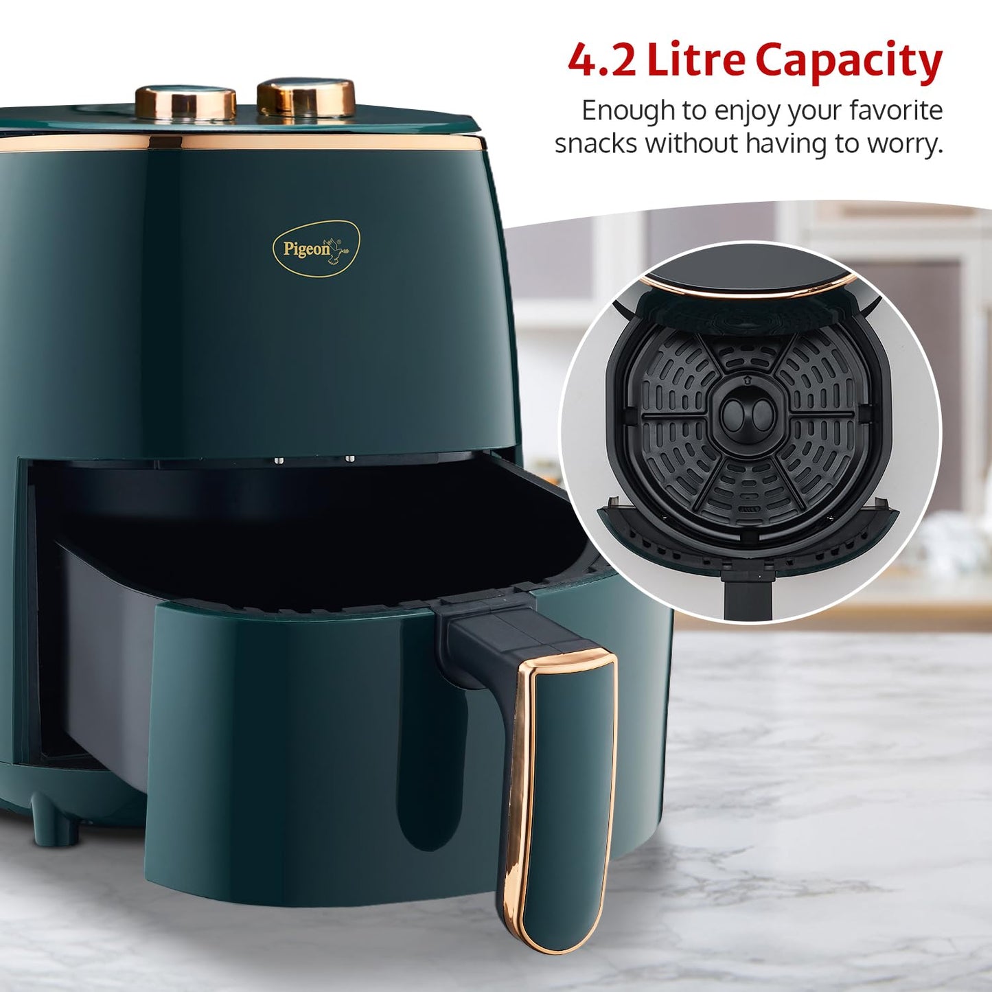 Pigeon Healthifry Manual Air Fryer, 1200 W with Non-Stick 4.2 L Basket (Green) 1.0 unit
