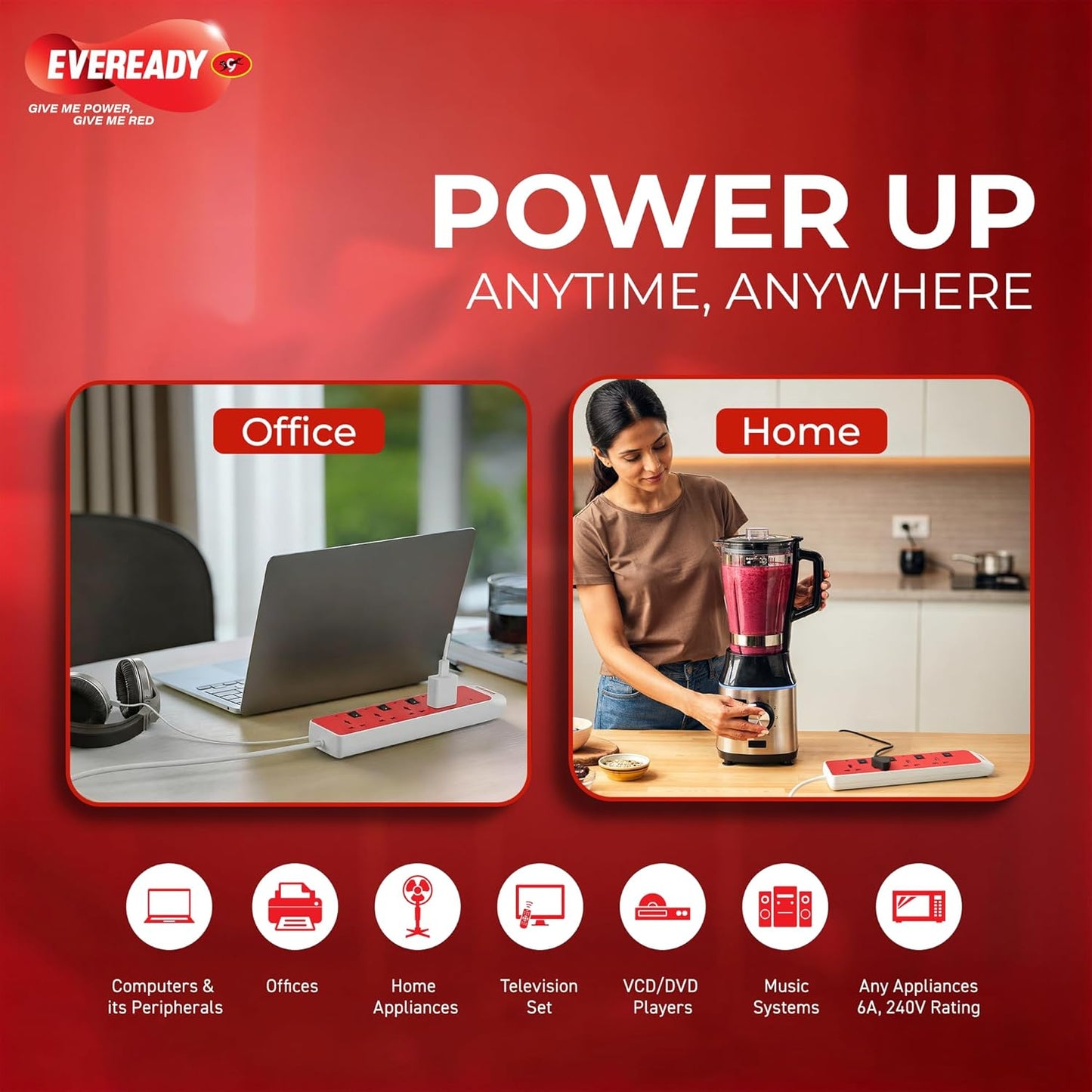 Eveready Spike Guard Multiple Sockets, Surge Protection for Reliable Performance, 3 Sockets, 4m(White and Red) 1.0 unit
