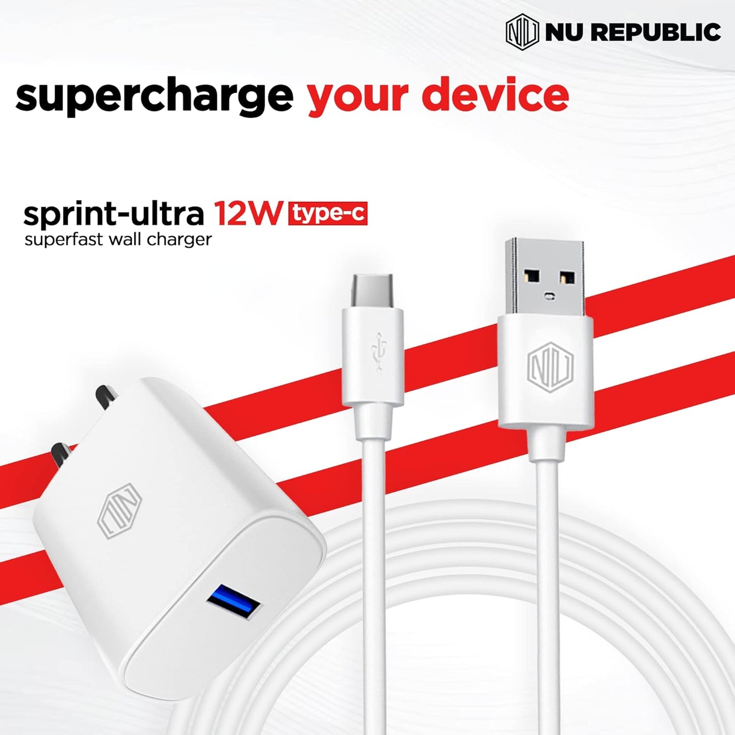 Nu Republic Sprint Ultra 12W Superfast Charger (Adaptor With Cable USB A To Type C) - White 1.0 unit