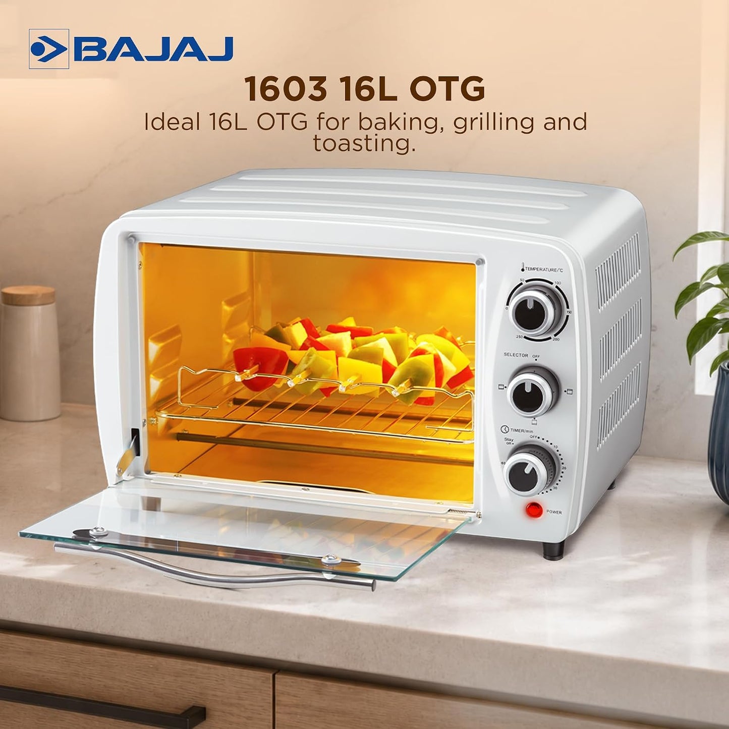 Bajaj 1603 16 ltr Oven Toaster Griller | 1200 W | Oven for Kitchen with Transparent Glass Door | White 1.0 unit