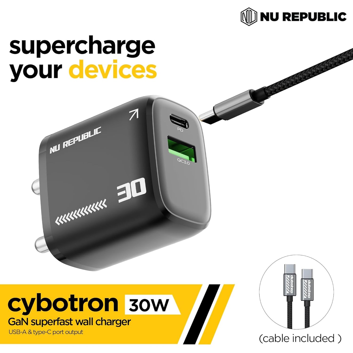 Nu Republic Cybotron 30W GaN Superfast Wall Charger with Type-C To Type-C Cable (Black) 1.0 Piece