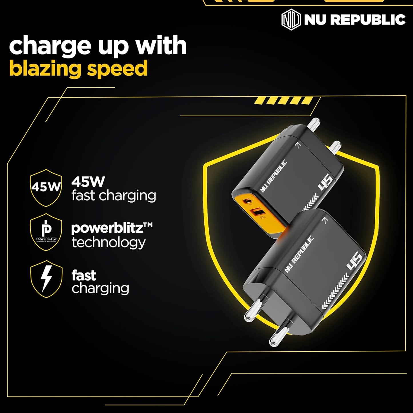 Nu Republic Cybotron 45W GaN Superfast Wall Charger with Type-C To Type-C Cable (Black) 1.0 Piece