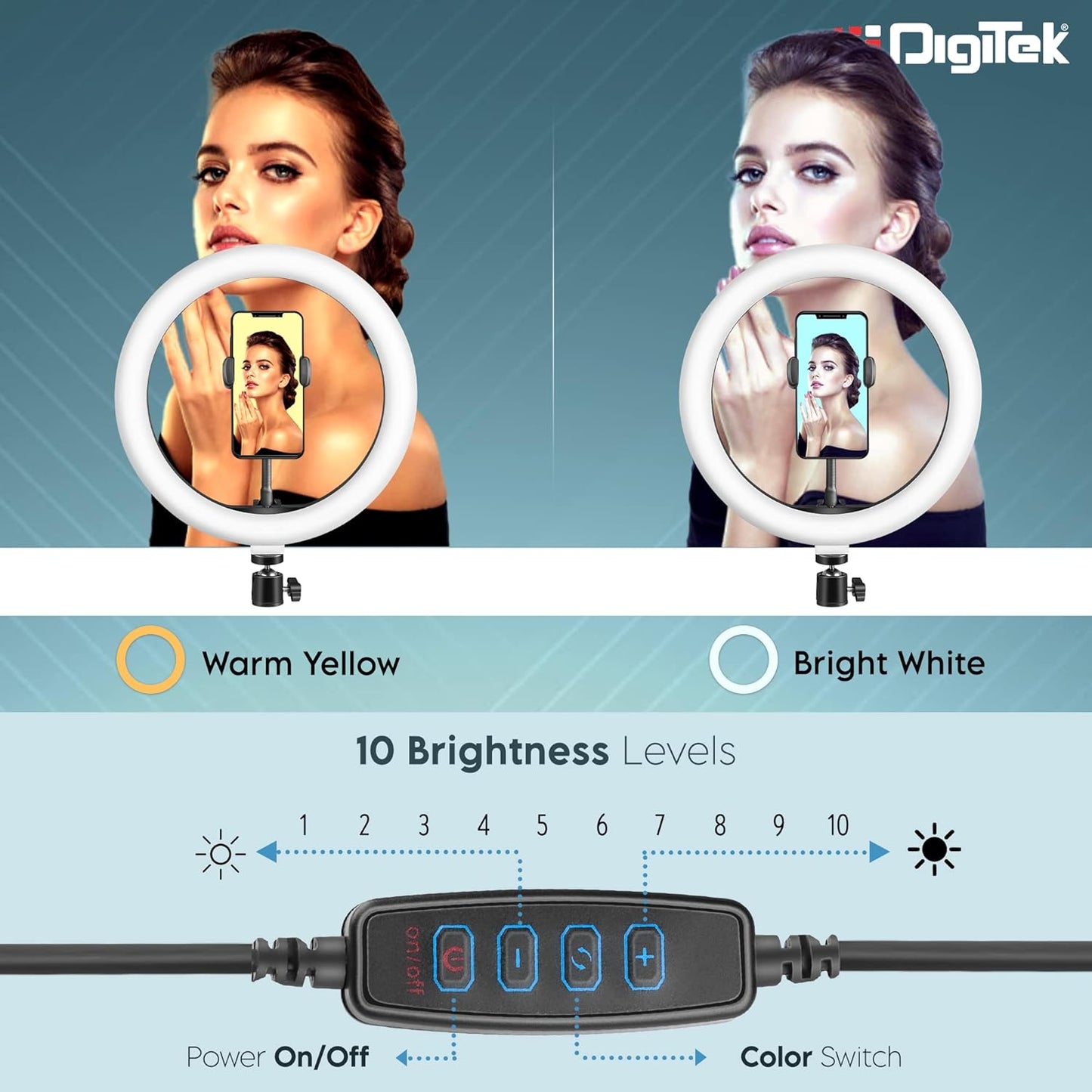 DIGITEK (DRL-14C) 14 Inch LED Ring Light with 5ft Stand & Smartphone Mount - USB Powered, Color Switch Mode, Brightness Control, Dual Temperature - for Photo & Video Shoots 1.0 Piece