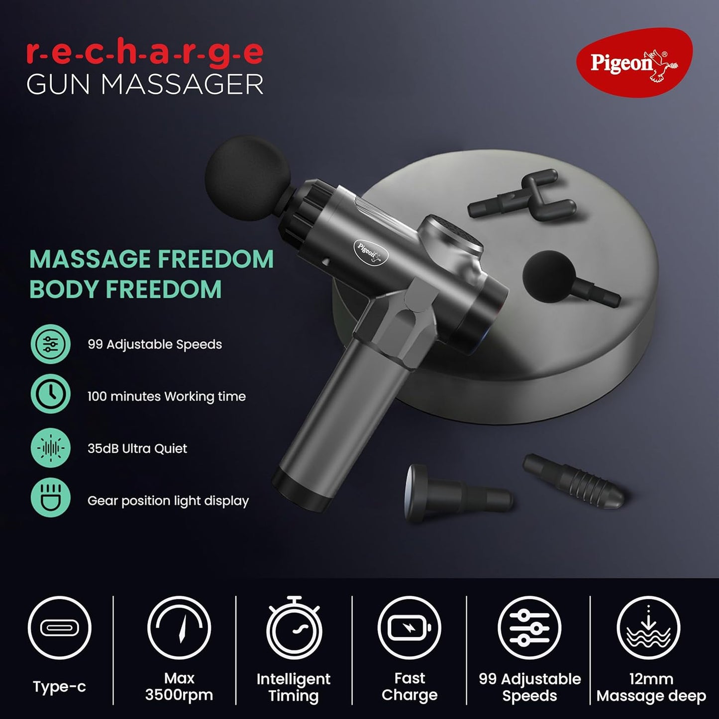 Pigeon Vibe Gun Massager, 6 Heads, 6 Speed, Rechargeable, Handheld, Percussion Muscle Massager For Full Body Pain Relief, Muscle Relaxation  For Men & Women| Black 1.0 unit