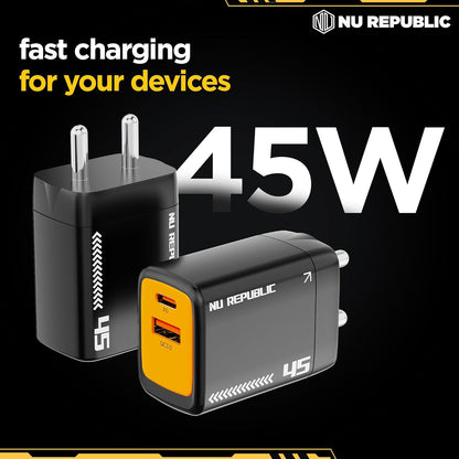 Nu Republic Cybotron 45W GaN Superfast Wall Charger with Type-C To Type-C Cable (Black) 1.0 Piece