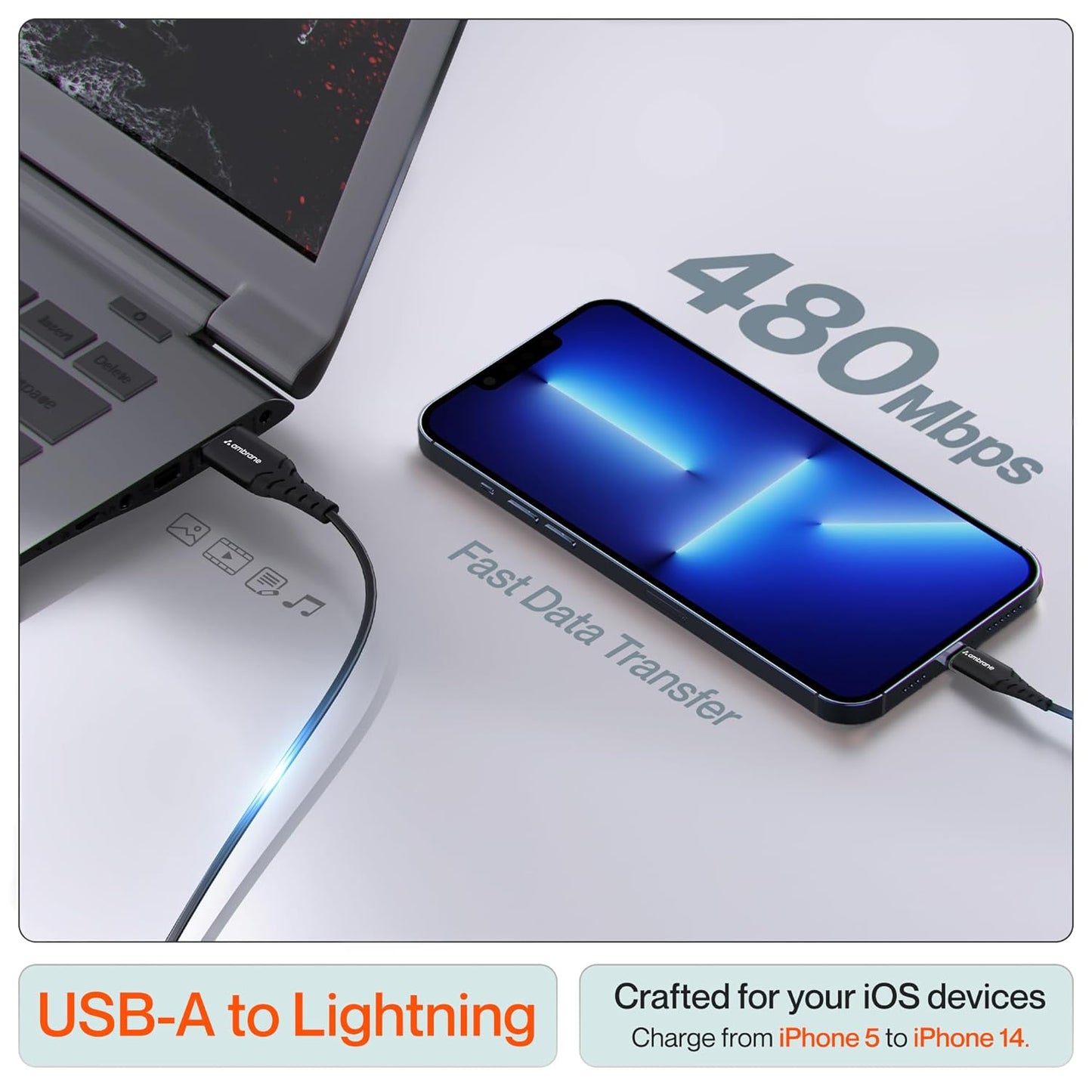 Ambrane USB To Lightning 3A 1.5M Fast Charging Braided Lightning Cable (RCL-15, Black)