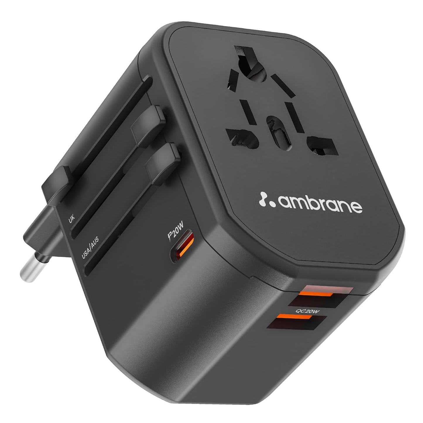 Ambrane Universal Travel Adapter,4 in 1 Fast Charging; 1 Type C (20W),2 USB (20W) & 1 AC Socket (880W) (ATA-01) 1.0 unit