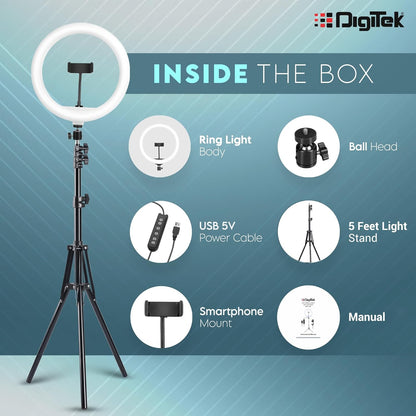 DIGITEK (DRL-14C) 14 Inch LED Ring Light with 5ft Stand & Smartphone Mount - USB Powered, Color Switch Mode, Brightness Control, Dual Temperature - for Photo & Video Shoots 1.0 Piece
