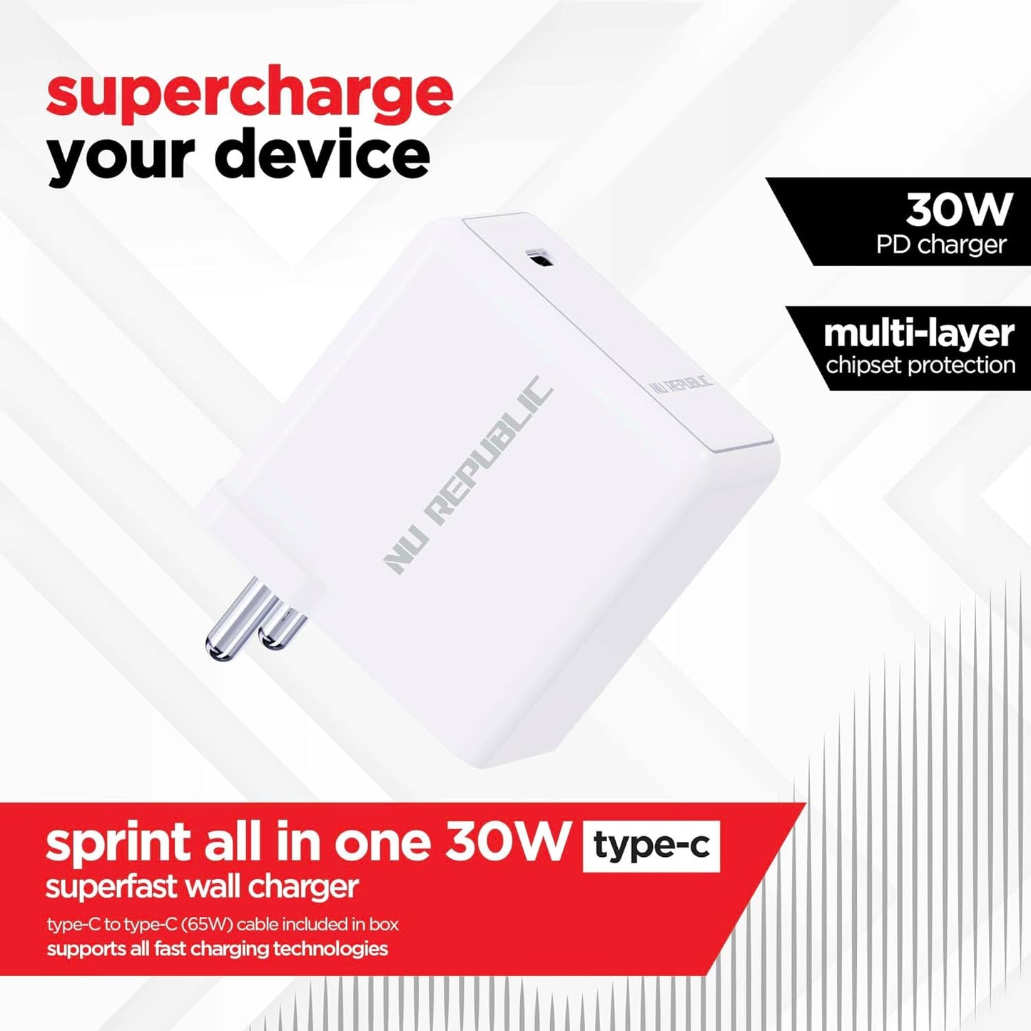 Nu Republic All-in-one 30W Charger With Type C To Type C 6A Cable Included (White-Red) 1.0 unit