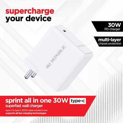Nu Republic All-in-one 30W Charger With Type C To Type C 6A Cable Included (White-Red) 1.0 unit