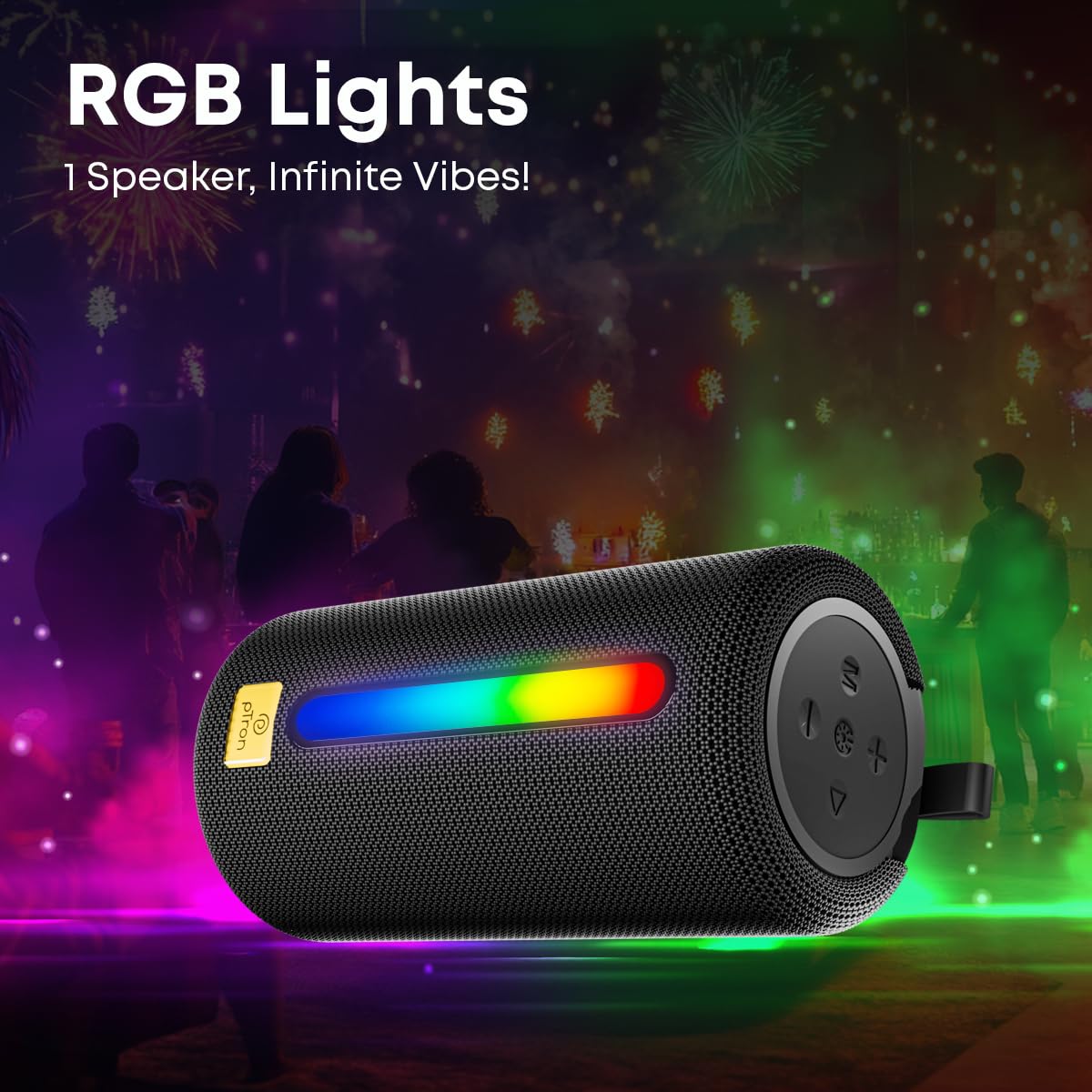 Ptron Fusion Buzz 14W Bluetooth Speaker w/ 8hrs Playback, Rhythmic RGB Lights (Black) 1.0 unit