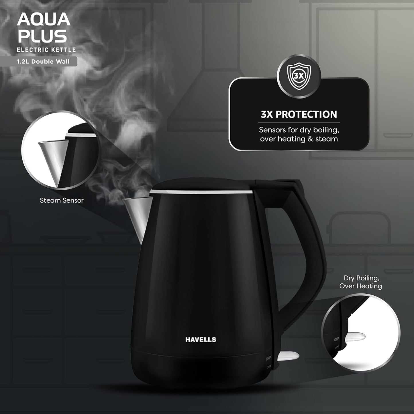 Havells Aqua Plus Electric Kettle,1.2L, Stainless Steel, 1250W (Black) 1.0 unit