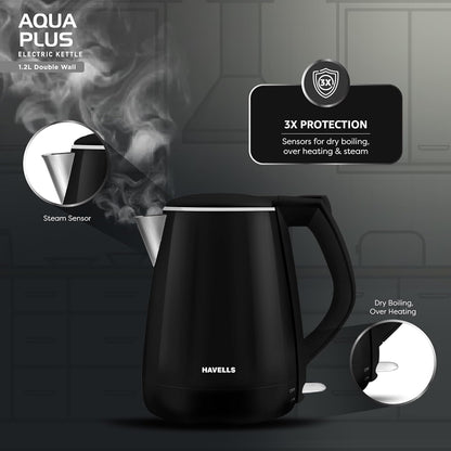Havells Aqua Plus Electric Kettle,1.2L, Stainless Steel, 1250W (Black) 1.0 unit