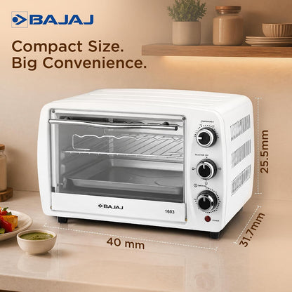 Bajaj 1603 16 ltr Oven Toaster Griller | 1200 W | Oven for Kitchen with Transparent Glass Door | White 1.0 unit