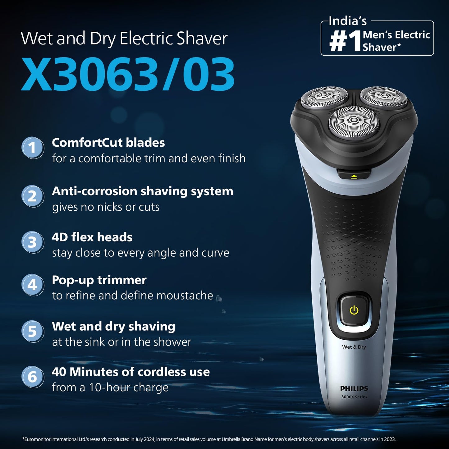 Philips Electric Shaver for Men | Wet & Dry Shave | SkinProtect Tech | 3D Floating Head | Self Sharpening Blade| X3063/03 1.0 unit