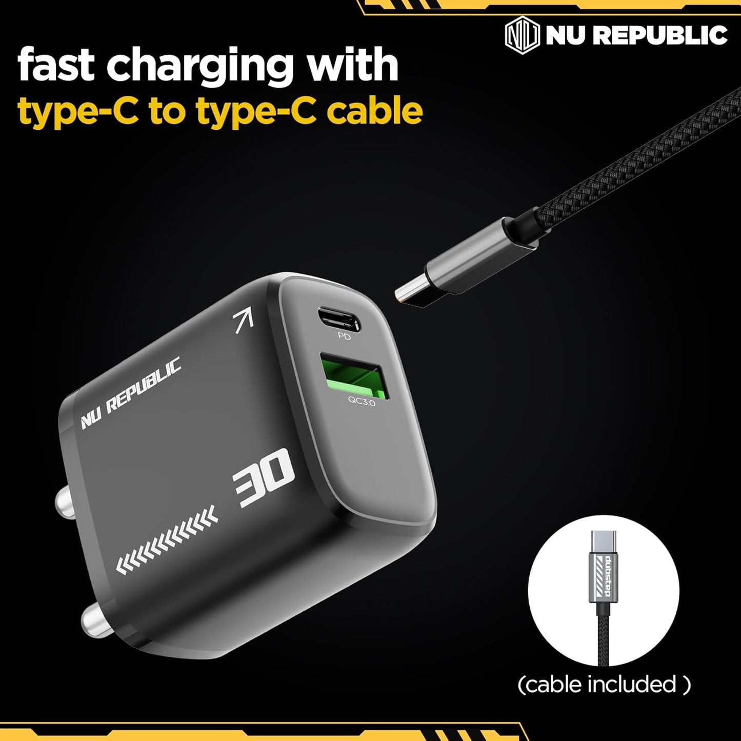 Nu Republic Cybotron 30W GaN Superfast Wall Charger with Type-C To Type-C Cable (Black) 1.0 Piece