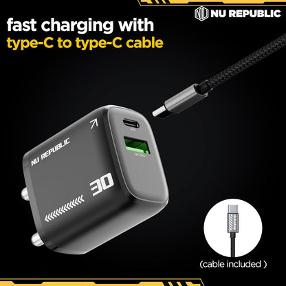 Nu Republic Cybotron 30W GaN Superfast Wall Charger with Type-C To Type-C Cable (Black) 1.0 Piece