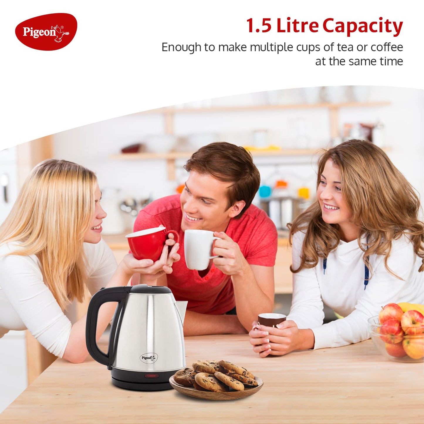 Pigeon Hot Kettle and Stainless Steel Water Bottle Combo, 1.5L & 700ml, Auto shut off, 1300 W (Silver & Red) 1.0 pack