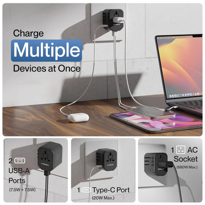 Ambrane Universal Travel Adapter,4 in 1 Fast Charging; 1 Type C (20W),2 USB (20W) & 1 AC Socket (880W) (ATA-01) 1.0 unit