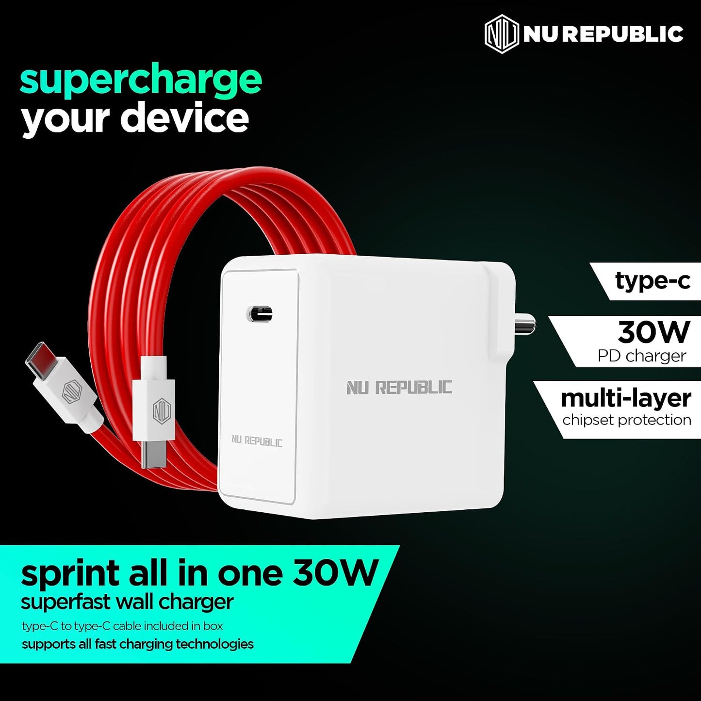 Nu Republic All-in-one 25W Charger With USB A To Type C Cable Included (White-Red) 1.0 unit