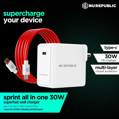Nu Republic All-in-one 25W Charger With USB A To Type C Cable Included (White-Red) 1.0 unit
