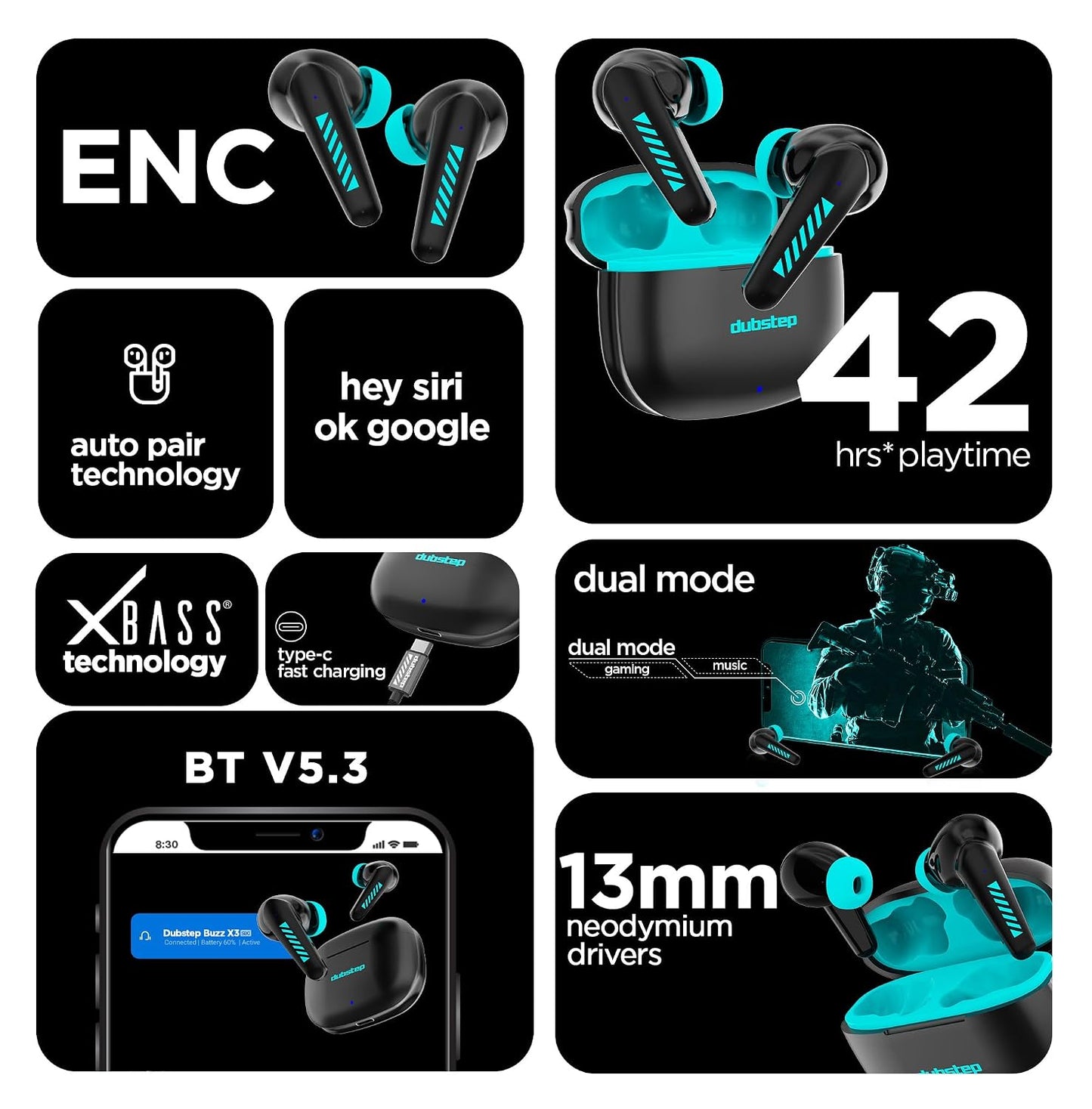 Dubstep Buzz X3 In-Ear Truly Wireless Earbuds With Mic, 42 Hours Playtime (Black & Blue) 1.0 unit