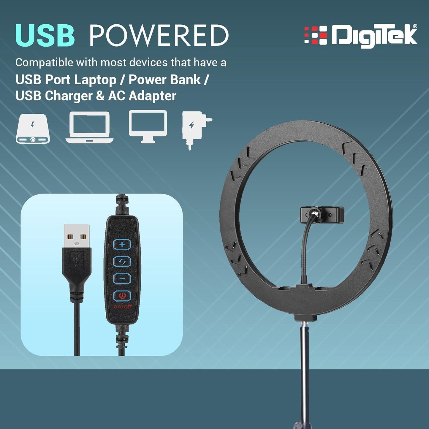 DIGITEK (DRL-14C) 14 Inch LED Ring Light with 5ft Stand & Smartphone Mount - USB Powered, Color Switch Mode, Brightness Control, Dual Temperature - for Photo & Video Shoots 1.0 Piece