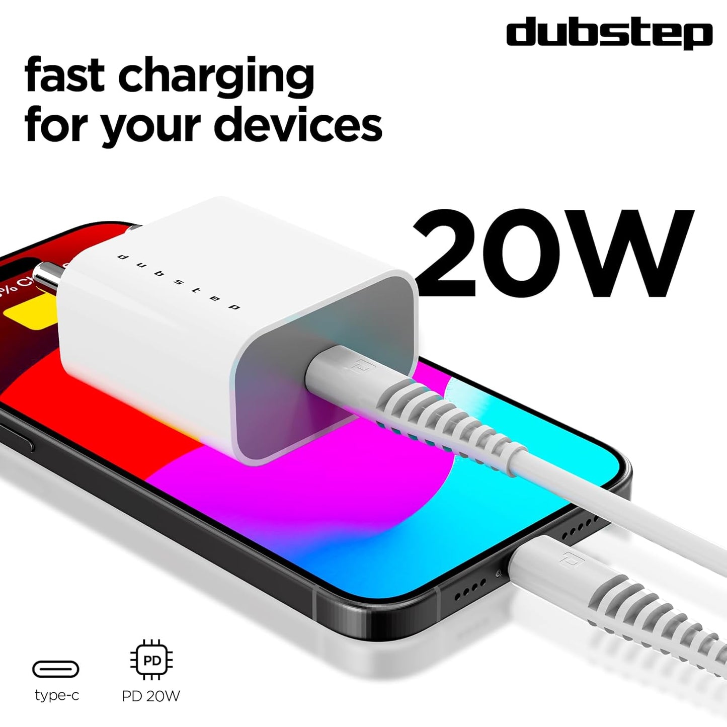 Dubstep Sprint 20W USB-C Charger with PD PPS 3.0 Supports All Fast Charging Technologies (With Type-C To L Cable, White) 1.0 unit
