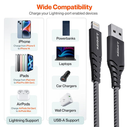 Ambrane USB To Lightning 3A 1.5M Fast Charging Braided Lightning Cable (RCL-15, Black)