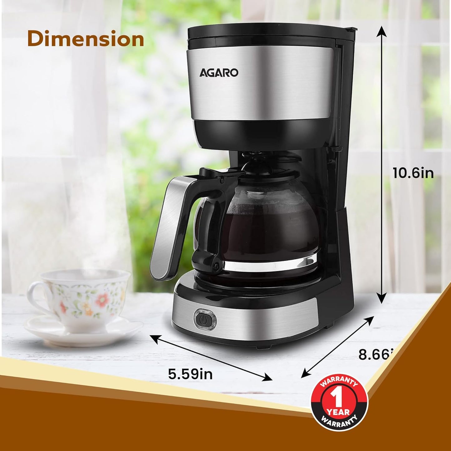 AGARO Royal 4 Big Cups Drip Coffee Maker, 600 Ml Borosilicate Glass Carafe Jar, 750W, Water tank with Level Indicator, Brewer Machine with Cone Filter, Auto Shut Off, Steel Body, Black & Silver