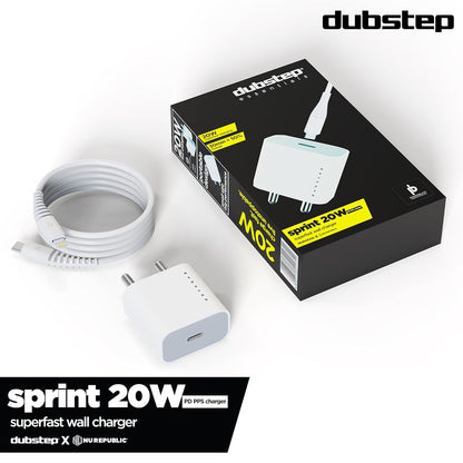 Dubstep Sprint 20W USB-C Charger with PD PPS 3.0 Supports All Fast Charging Technologies (With Type-C To L Cable, White) 1.0 unit