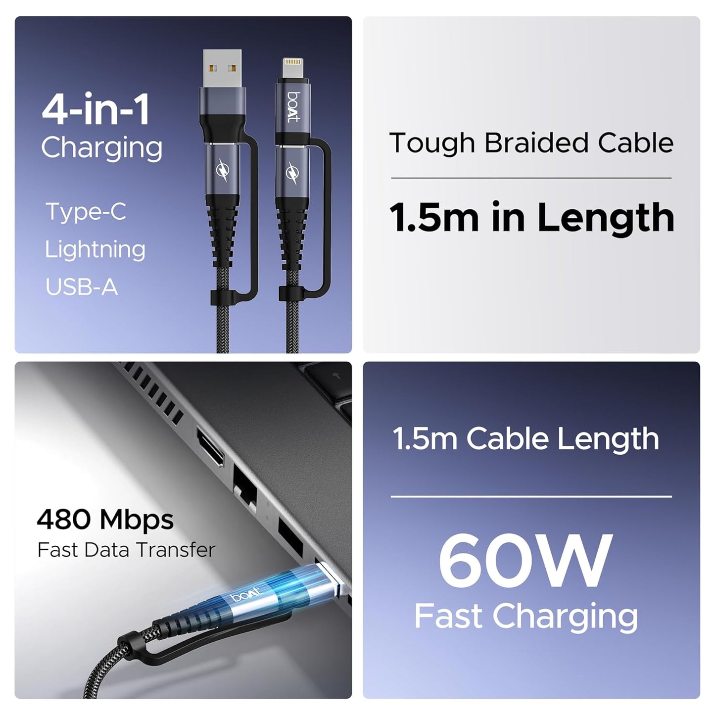 boAt FlexiCharge 400 Cable With 4-in-1 Connectivity & 60With3A PD Fast Charging-Carbon Black 1.0 pack