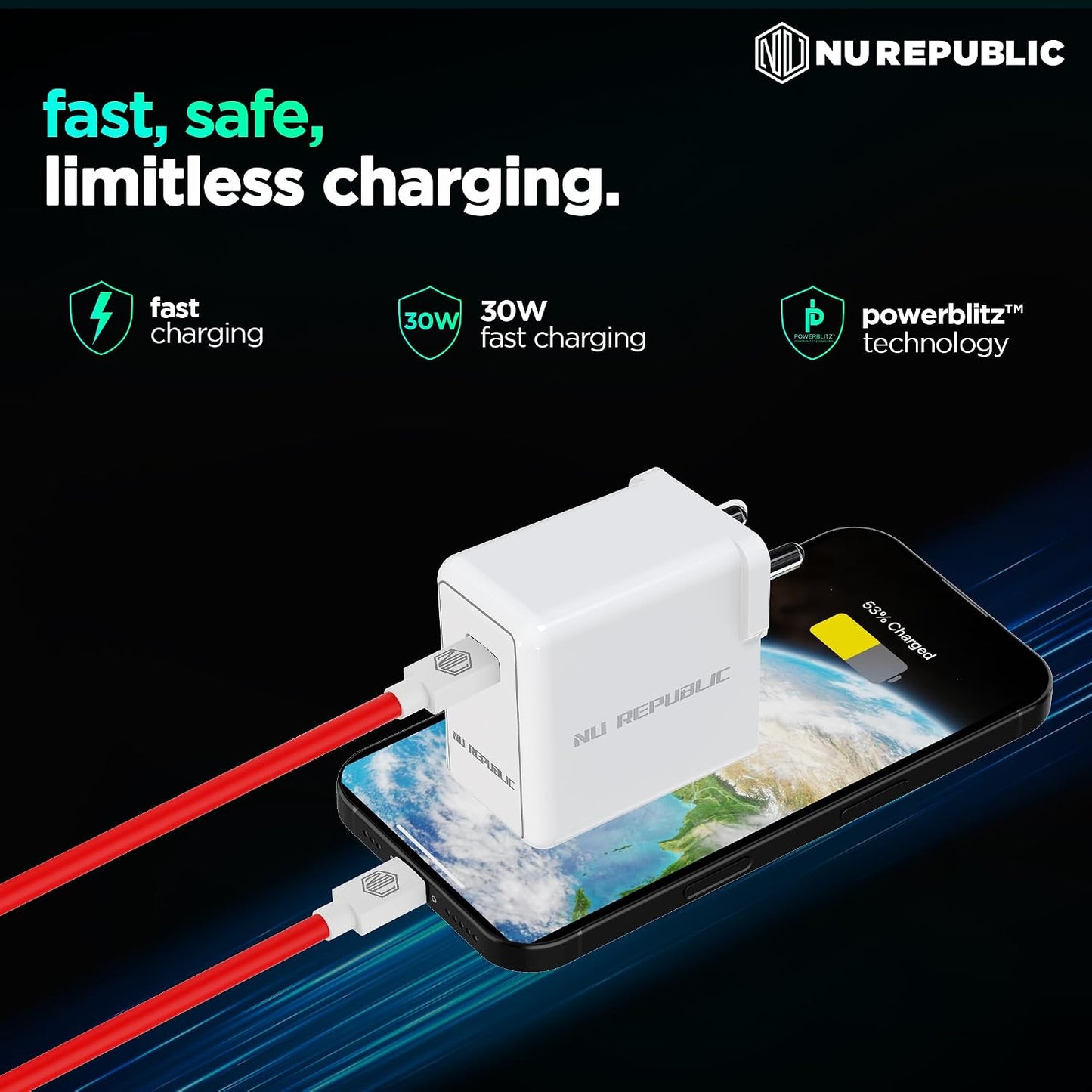 Nu Republic All-in-one 25W Charger With USB A To Type C Cable Included (White-Red) 1.0 unit