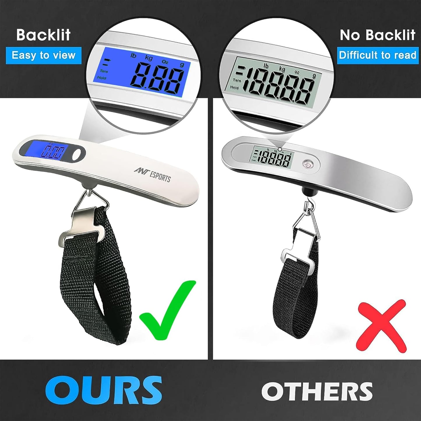 Ant Aels020 Portable Digital Luggage Scale, 50Kgs Hanging Baggage Scale With Backlit Lcd Display, Portable Suitcase Weighing Scale, Travel Luggage 1.0 Piece