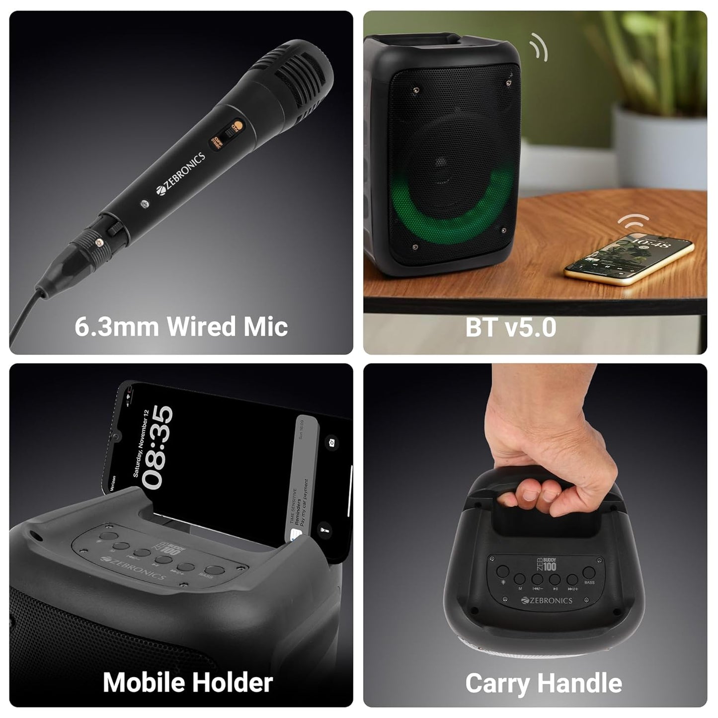 ZEBRONICS Zeb-Buddy 100 Portable BT v5.0 Speaker with TWS, 20W RMS, Wired mic Karaoke, 5H Backup, RGB LED, AUX, USB, Micro SD, Built in Rechargeable Battery and Mobile Holder, Black