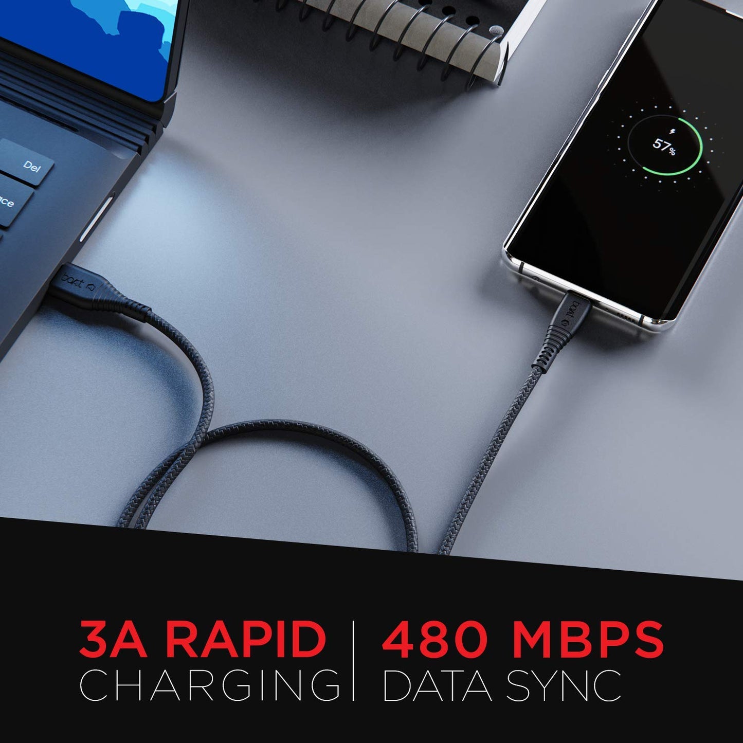 boAt A325 3A Fast Charging 1.5 m USB to Type C Charging Cable, 480 Mbps (Black) 1.0 Piece
