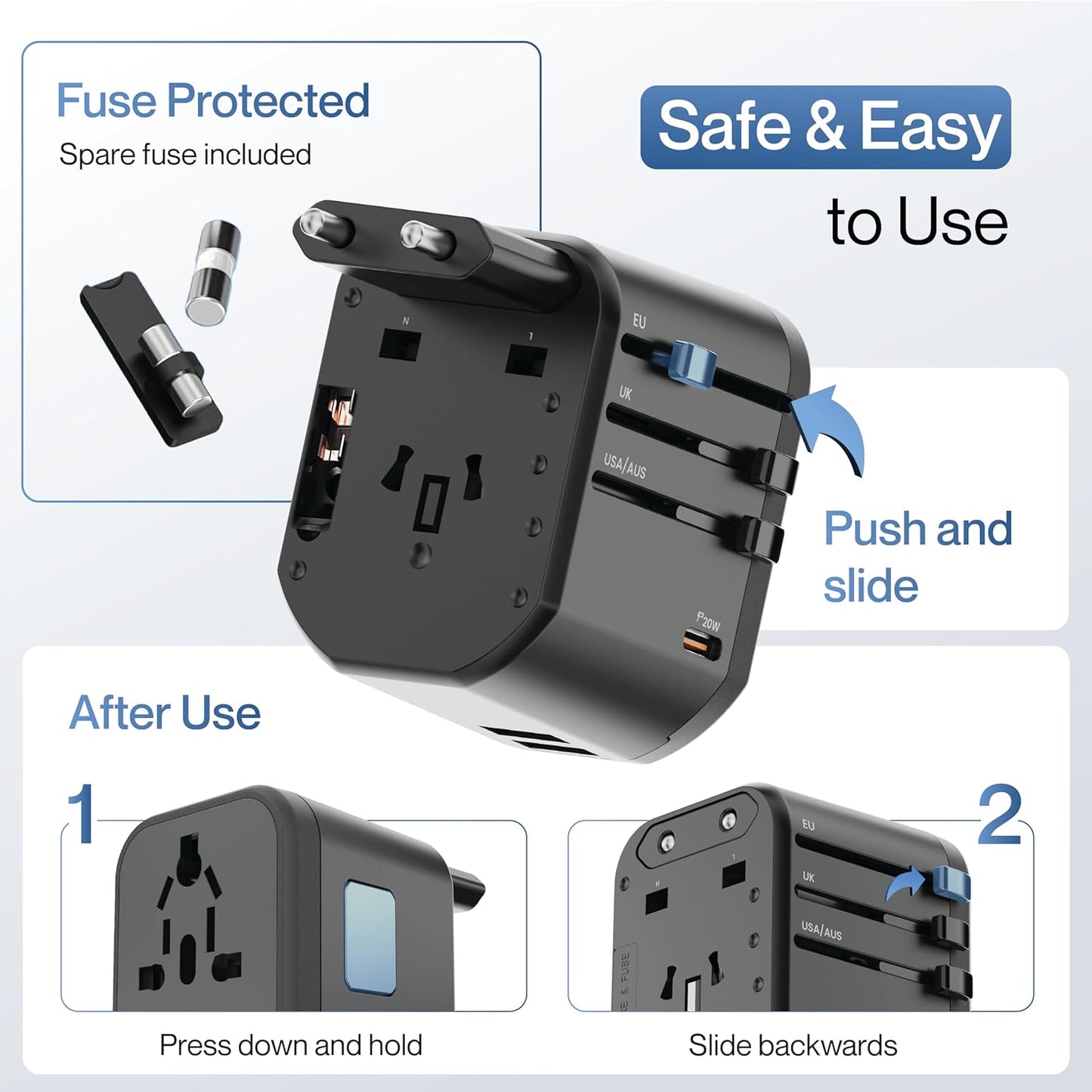 Ambrane Universal Travel Adapter,4 in 1 Fast Charging; 1 Type C (20W),2 USB (20W) & 1 AC Socket (880W) (ATA-01) 1.0 unit