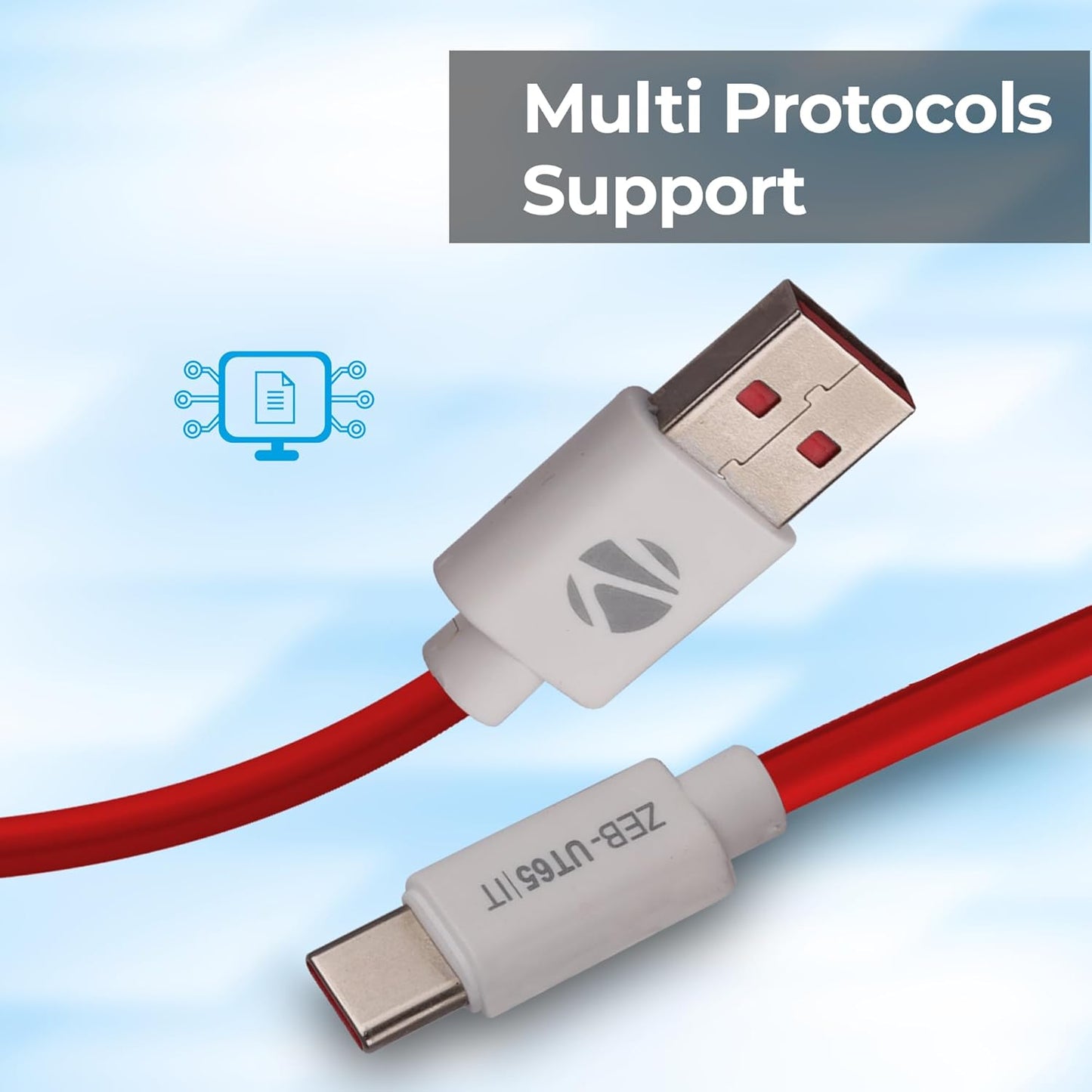 Zebronics UT65 USB to Type C Charging Cable, 65W, 6.5 A Fast Charging (Red & White) 1.0 unit