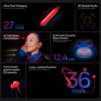 OnePlus Bullets Wireless Z3 in-Ear Neckband with 12.4mm Drivers, 3D Spatial Audio,10 mins Charge for 27 hrs Playback, AI Call Noise Cancellation,-Mambo Midnight 1.0 Piece