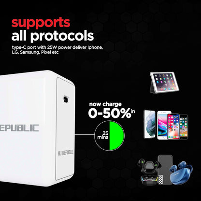 Nu Republic All-in-one 30W Charger With Type C To Type C 6A Cable Included (White-Red) 1.0 unit