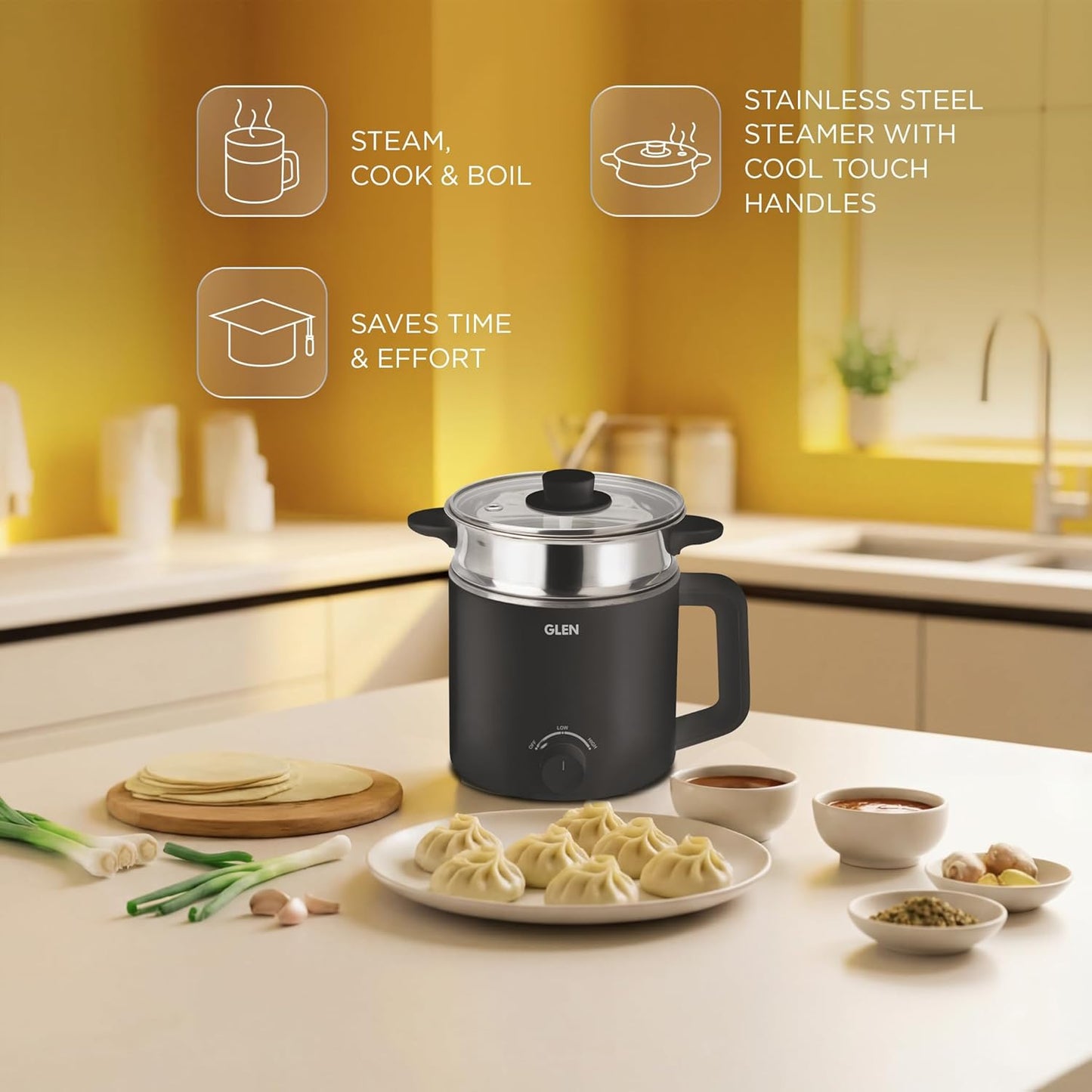 Glen SA 9016 Multi Cook Kettle,1.5L, 600W (Black) 1.0 unit