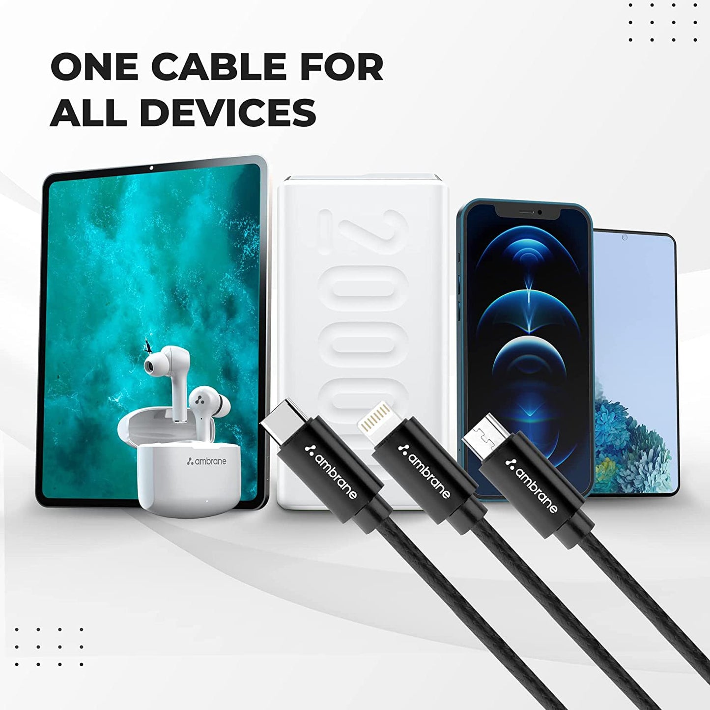 Ambrane 3in1 USB Fast Charging Cable with Type C, Lightning, Micro USB Port with 2.1A (Trio-11, Black) 1.0 unit