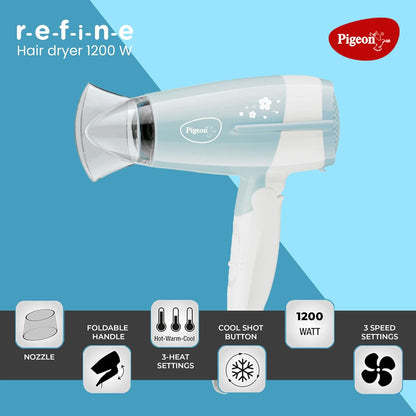 Pigeon Hair Dryer| 1200 Watts| 3 Speed & Temperature With Cool Shot (Hot/Cool/ Warm)| Foldable Handle| For Women and Men| 2 Years Warranty 1.0 Piece