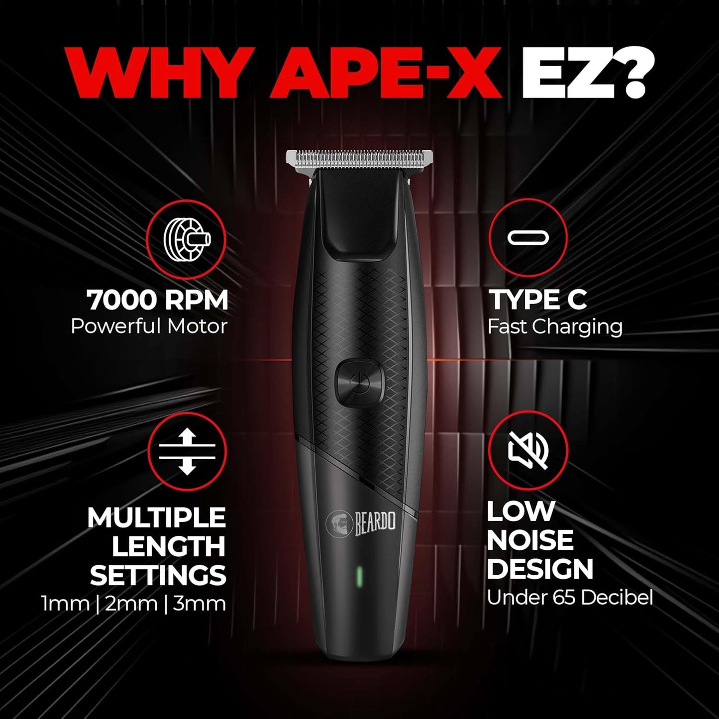 Beardo Ape-X EZ Trimmer Men Beard | 110 Min Run Time | 7000 RPM Motor | Lithium Ion Battery 1.0 pack