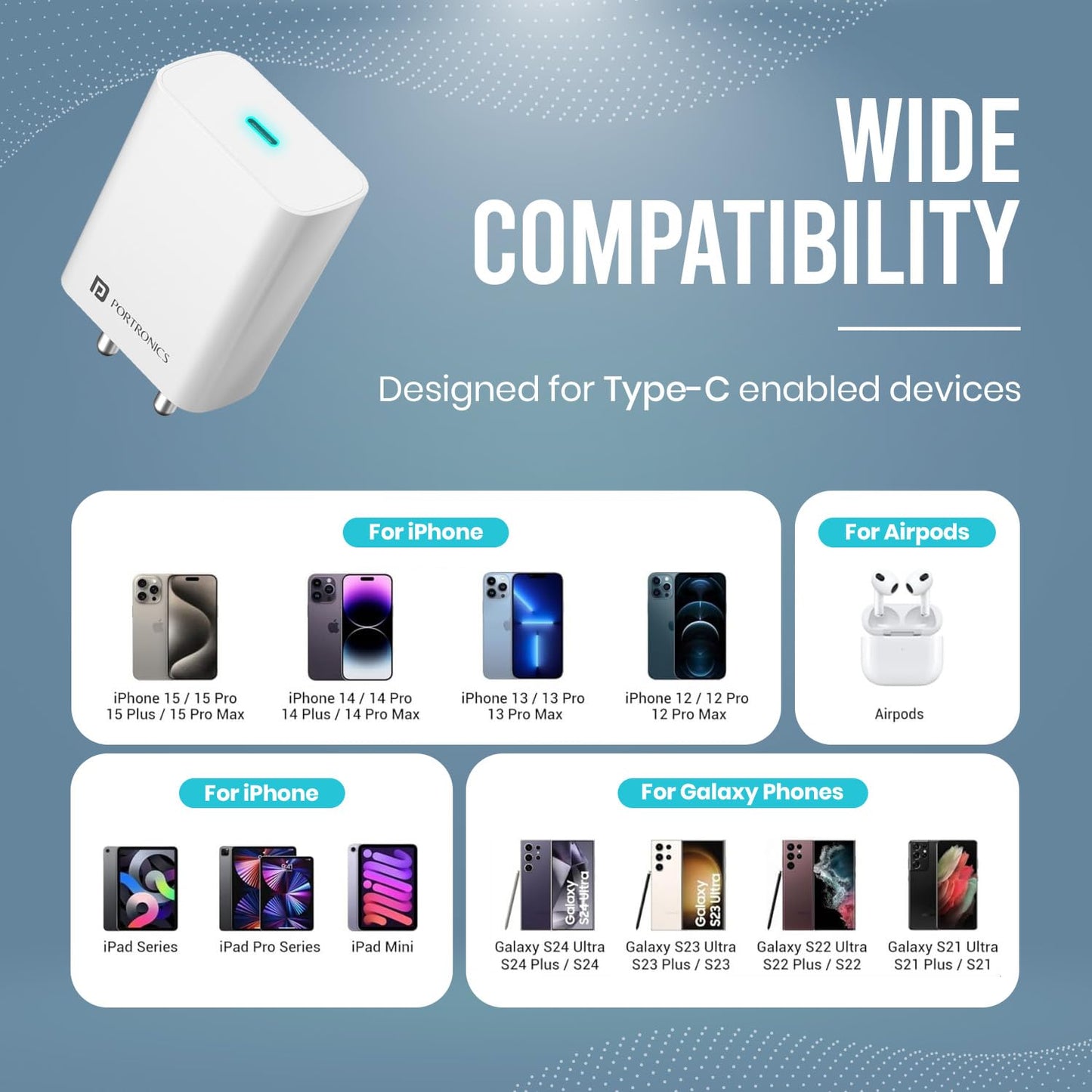 Portronics Adapto 25 Pro 25W Wall Charger With Type C To Type C Cable - White