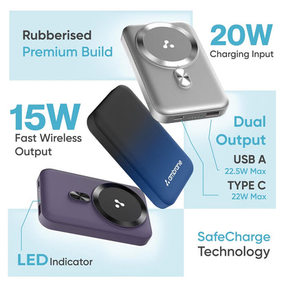 Ambrane Magsafe Wireless 10000Mah Fast Charging Power Bank, 22.5W Output(Aerosync Snap, Blue) 1.0 unit